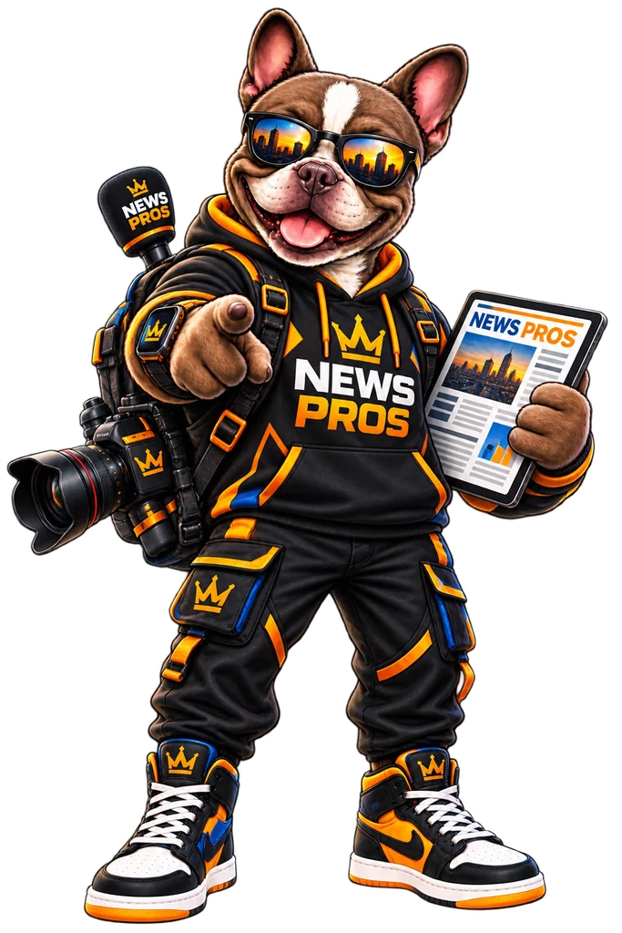 Hercules, the News Pros mascot: a French bulldog in sunglasses and a News Pros hoodie, pointing forward with a camera, microphone and news tablet