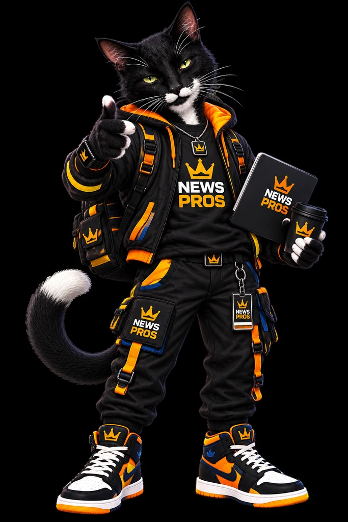 Mouse, the News Pros mascot: a black-and-white cat in a News Pros jacket holding a tablet and coffee